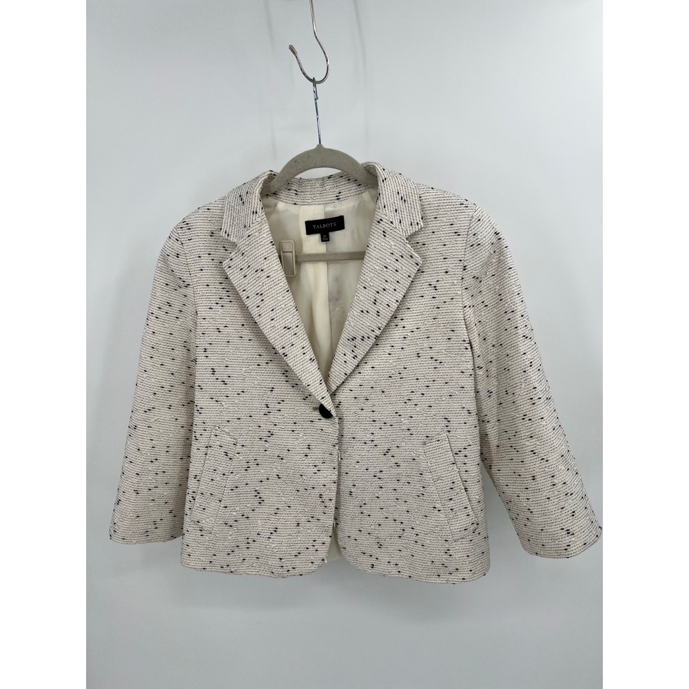 Talbots Womens 12 Cream Black Tweed Blazer Single Button Cropped Jacket